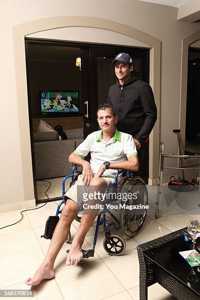 Joost van der Westhuizen in his wheelchair with his close friend, Quinton van der Walt at his new home on April 22, 2013 in Dainfern, Johannesburg,...