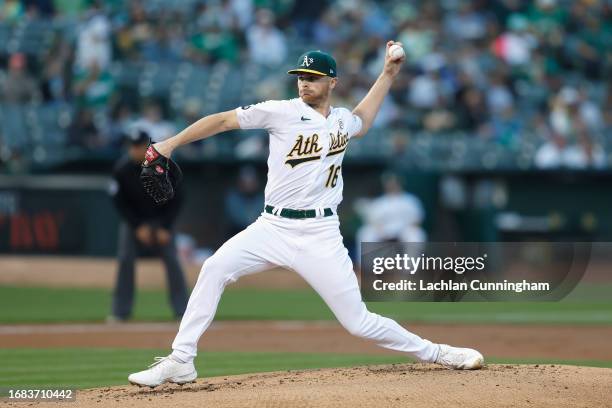 Sean Newcomb of the Oakland Athletics pitches in the top of the first inning against the San Diego Padres at RingCentral Coliseum on September 15,...