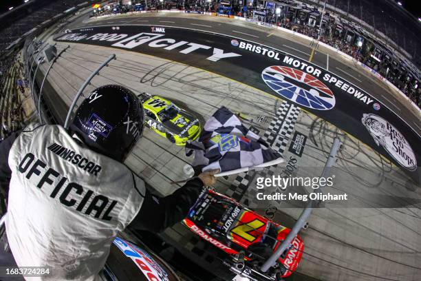 Justin Allgaier, driver of the BRANDT Chevrolet, tk the NASCAR Xfinity Series Food City 300 at Bristol Motor Speedway on September 15, 2023 in...