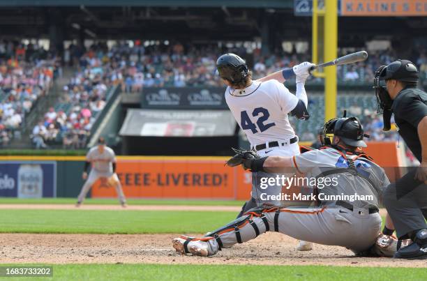 Zach McKinstry of the Detroit Tigers bats during the game against the San Francisco Giants at Comerica Park on April 15, 2023 in Detroit, Michigan....