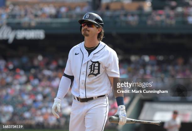 Zach McKinstry of the Detroit Tigers looks on while batting during the game against the San Francisco Giants at Comerica Park on April 15, 2023 in...