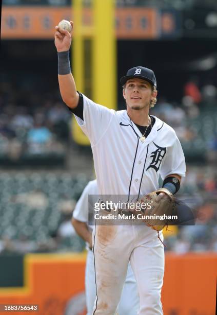 Nick Maton of the Detroit Tigers looks on during the game against the San Francisco Giants at Comerica Park on April 15, 2023 in Detroit, Michigan....