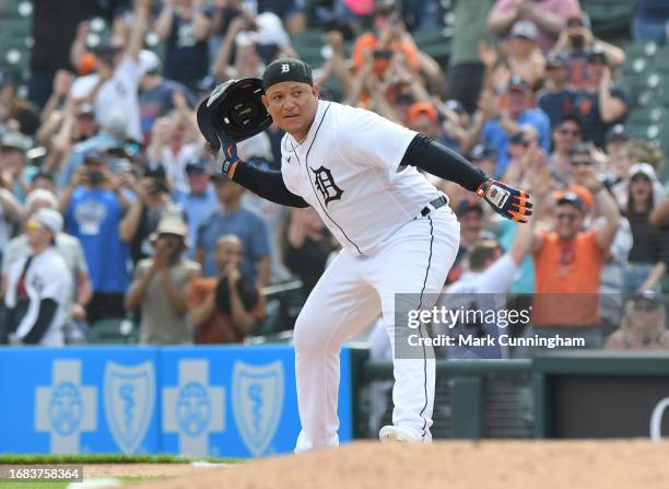 Miguel Cabrera of the Detroit Tigers looks on after hitting a game-winning single in the bottom of the 11th inning of the game against the San...