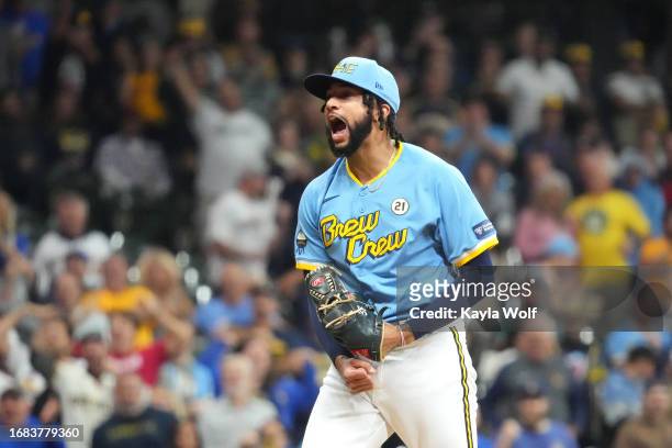 Devin Williams of the Milwaukee Brewers celebrates striking out a batter during the ninth inning against the Washington Nationals at American Family...