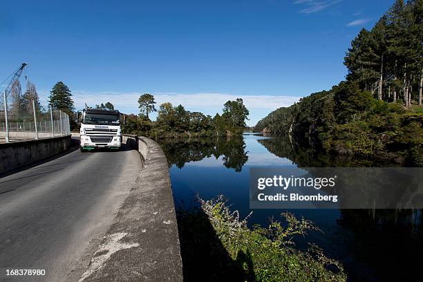 Truck drives along the dam at the Arapuni hydroelectric power station, operated by Mighty River Power Ltd., in Arapuni, New Zealand, on Wednesday,...