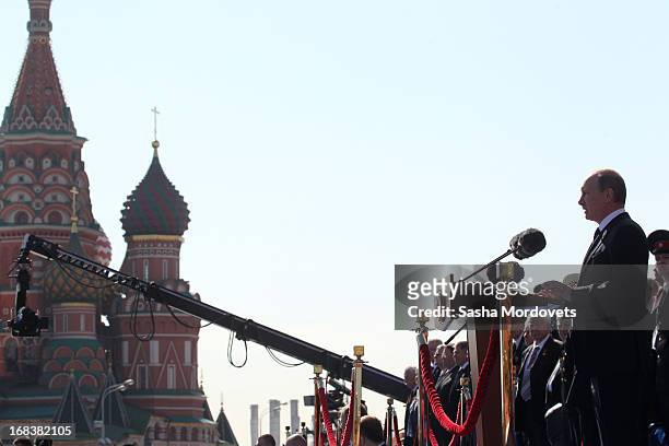Russian President Vladimir Putin speaks during a military parade to honour the Victory Day at Red Square on May 9, 2013 in Moscow, Russia. Russia...