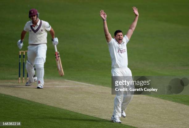Tim Bresnan of Yorkshire successfully appeals for the wicket of Nick Compton of Somerset during day three of the LV County Championship Division One...