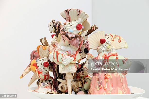 Ceramic sculpture of melting ice cream by artist Anna Barlow is displayed at the Collect art fair at Saatchi Gallery on May 9, 2013 in London,...