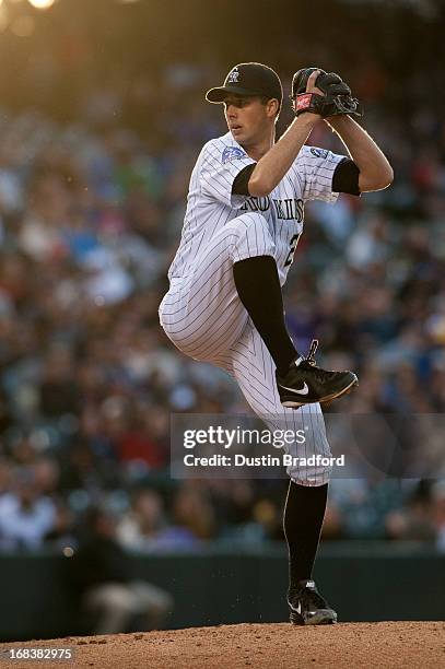 Jeff Francis of the Colorado Rockies pitches in the third inning of a game against the Tampa Bay Rays at Coors Field on May 3, 2013 in Denver,...
