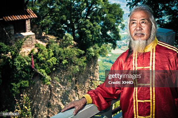 chinese old aerialist on cliff - martial arts background stock pictures, royalty-free photos & images