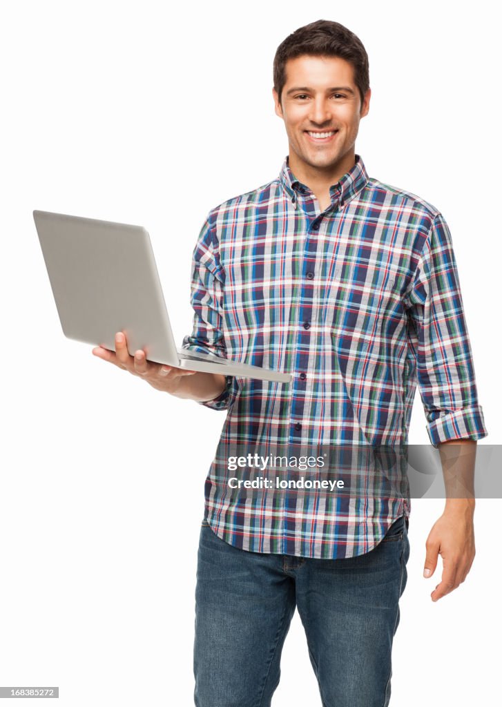 Happy Young Man Holding a Laptop - Isolated