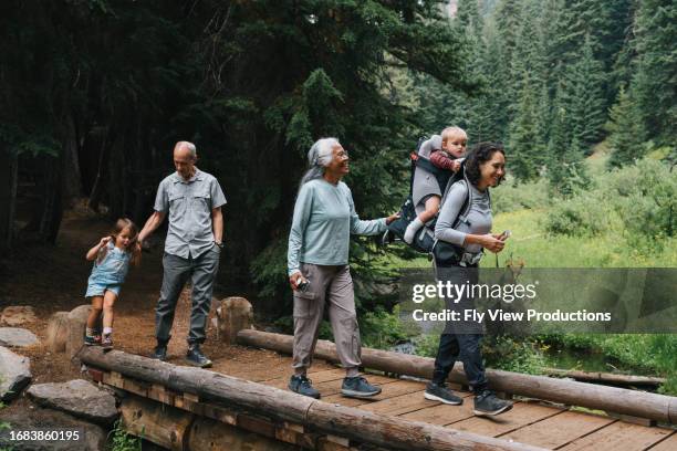 famiglia multirazziale multigenerazionale durante un'escursione - famiglia multigenerazionale foto e immagini stock