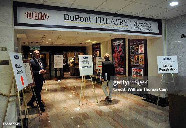Ford shareholder enters the DuPont Theatre for the Ford 58th Annual Meeting of Shareholders at the Hotel DuPont on May 9, 2013 in Wilmington,...