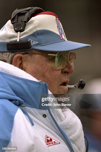 Closeup view of Houston Oilers defensive coordinator Buddy Ryan during game vs Pittsburgh Steelers at Three Rivers Stadium. Pittsburgh, PA CREDIT:...