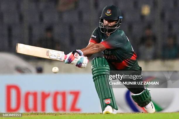 Bangladesh's Tamim Iqbal plays a shot during the second one-day international cricket match between Bangladesh and New Zealand at the Sher-e-Bangla...