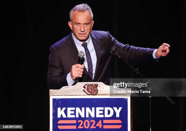 Democratic presidential candidate Robert F. Kennedy Jr. Speaks at a Hispanic Heritage Month event at Wilshire Ebell Theatre on September 15, 2023 in...