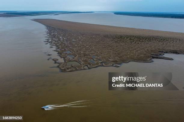 Aerial view of a sandbank on the Solimões River in Careiro da Várzea, Amazonas, Brazil, taken on September 22, 2023. Amazonas State Governor Wilson...