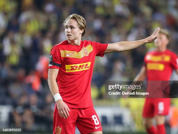 Andreas Schjelderup of Nordsjaelland gestures during the UEFA Europa Conference League 2023/24 Group H match between Fenerbahce SK and FC...