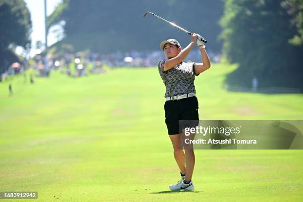 Akie Iwai of Japan hits her second shot on the 9th hole during the second round of 54th SUMITOMO LIFE Vitality Ladies Tokai Classic at Shin Minami...