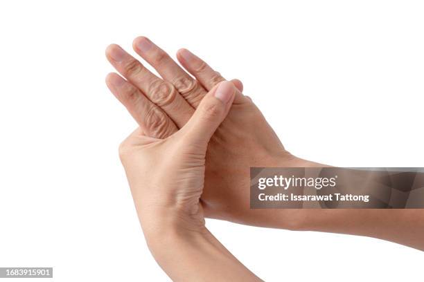 woman with hand injury on white background - systemic lupus erythematosus stock pictures, royalty-free photos & images