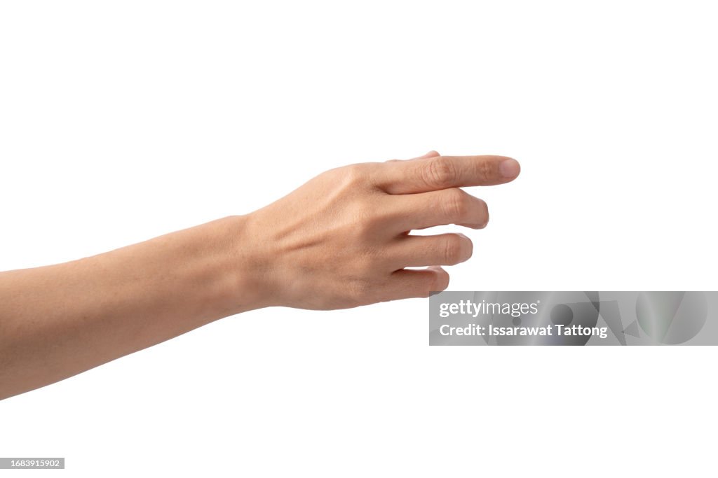 Hand pick some like object isolated on a white background, with clipping path, manicured hand, concept the selection, pick up things