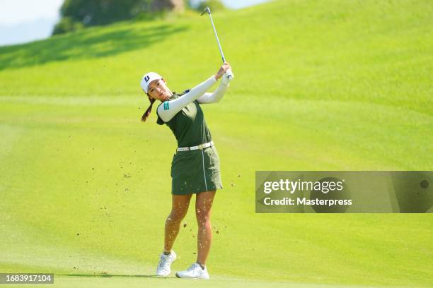 Rei Matsuda of Japan hits her second shot 14 during the second round of Sanyo Shimbun Ladies Cup at Tojigaoka Marine Hills Golf Club on September 16,...