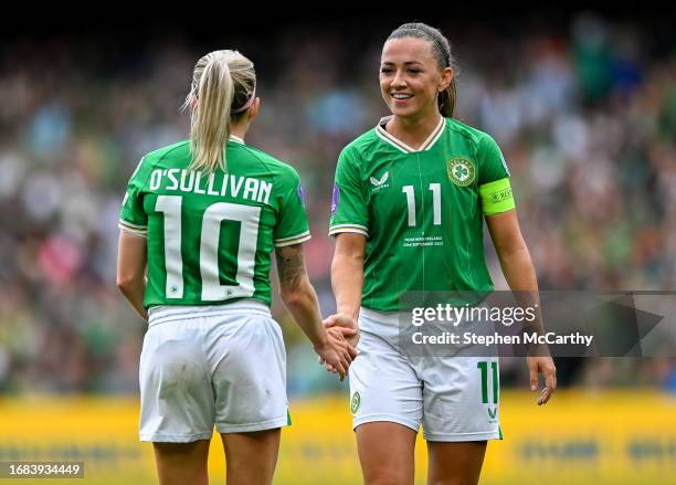 Dublin , Ireland - 23 September 2023; Katie McCabe of Republic of Ireland, right, and Denise O'Sullivan during the UEFA Women's Nations League B1...