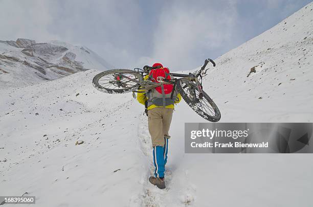 Cyclist carrying his bike in the snow up towards Thorong La Pass on the Annapurna Circuit in Nepal which is regarded as one of the finest treks in...