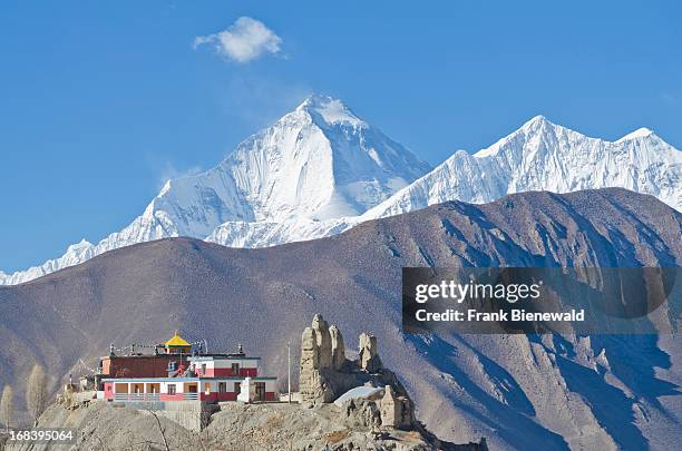 Dhaulagiri Mountain, 8167 meters high, with Jhong Gompa in the foreground, seen from Muktinath on the Annapurna Circuit in Nepal which is regarded as...