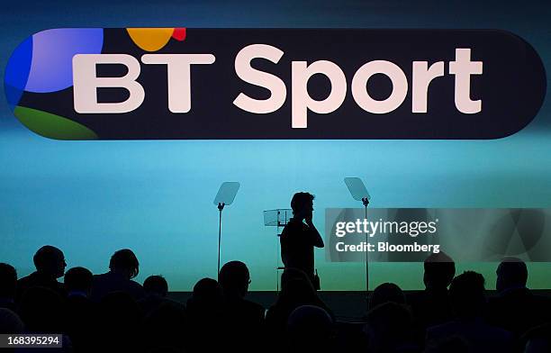 An illuminated logo for BT Sport is seen during the launch of BT Group Plc's new sports television channel, at the company's offices inside the...