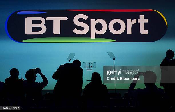 An illuminated logo for BT Sport is seen during the launch of BT Group Plc's new sports television channel, at the company's offices inside the...