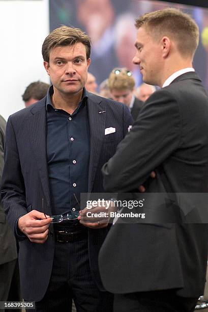 Marc Watson, head of BT Vision at BT Group Plc, left, speaks with an attendee during the launch of the company's new sports television channel BT...