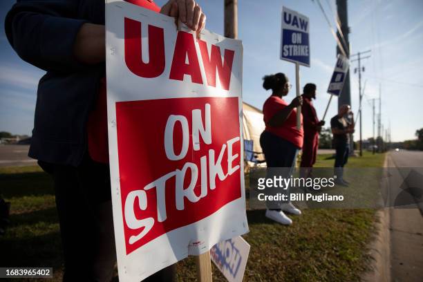United Auto Workers members strike outside the General Motors Lansing Redistribution facility on September 23, 2023 in Lansing, Michigan. The UAW...