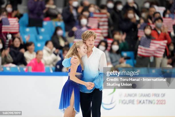 Leah Neset and Artem Markelov of United States react after performing in the Junior Ice Dance Free Dance during the ISU Junior Grand Prix of Figure...