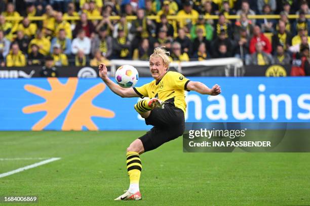 Dortmund's German midfielder Julian Brandt kicks the ball during the German first division Bundesliga football match between Borussia Dortmund and...