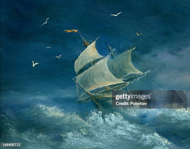 heavy gale - sailing ship painting stock illustrations