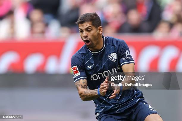 Cristian Gamboa of VfL Bochum 1848 gestures during the Bundesliga match between FC Bayern München and VfL Bochum 1848 at Allianz Arena on September...