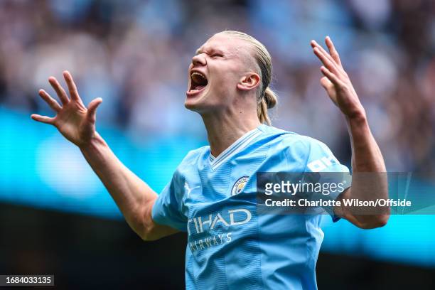 Erling Haaland of Manchester City celebrates scoring their 2nd goal during the Premier League match between Manchester City and Nottingham Forest at...