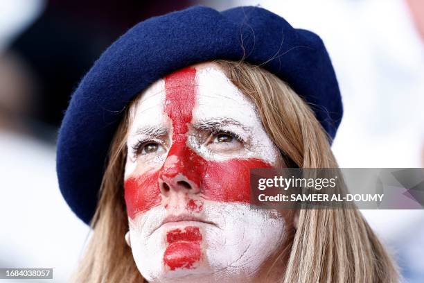 An English supporter looks on ahead of the France 2023 Rugby World Cup Pool D match between England and Chile at Stade Pierre-Mauroy in Lille,...