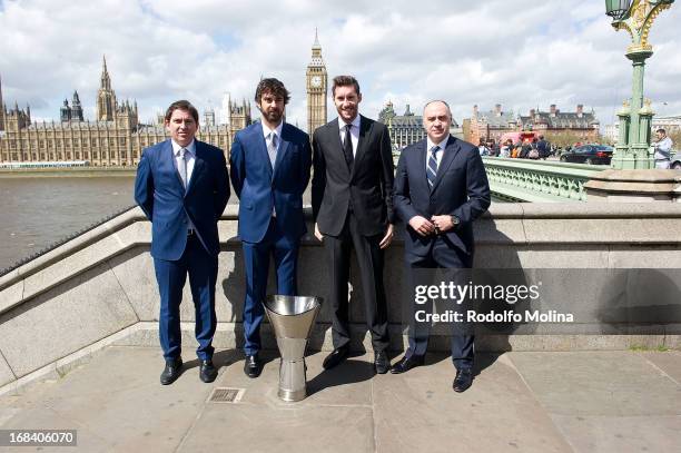 Xavier Pascual, Head Coach of FC Barcelona Regal; Juan Carlos Navarro, #11; Rudy Fernandez, #5 of Real Madrid and Pablo Laso, Head Coach pose during...