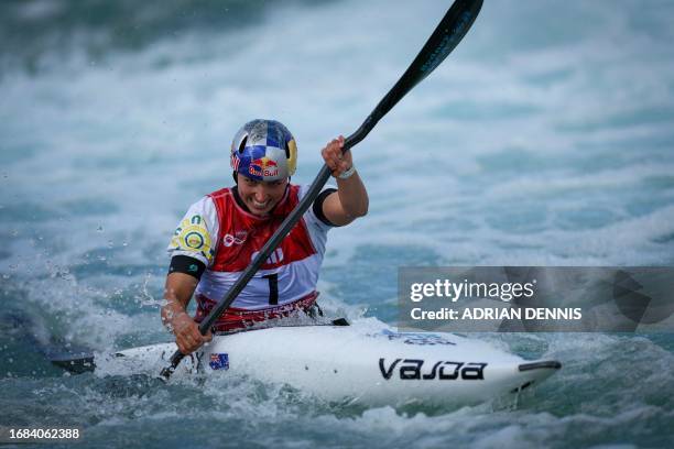 Australia's Jessica Fox reacts after winning the women's kayak final and becoming world champion at the ICF Canoe Slalom World Championships at Lee...