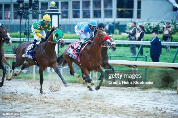 Kentucky Derby: Mike Smith aboard Palace Malice in action vs Kevin Krigger aboard Goldencents during race at Churchill Downs. Louisville, KY 5/3/2013...