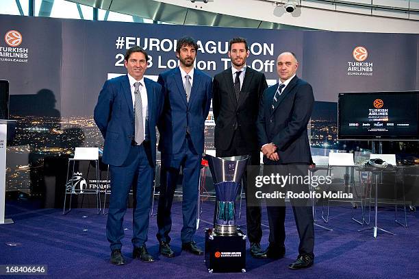 Xavier Pascual, Head Coach of FC Barcelona Regal; Juan Carlos Navarro, #11; Rudy Fernandez, #5 of Real Madrid and Pablo Laso, Head Coach poses with...