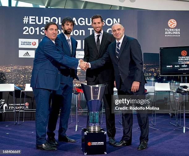 Xavier Pascual, Head Coach of FC Barcelona Regal; Juan Carlos Navarro, #11; Rudy Fernandez, #5 of Real Madrid and Pablo Laso, Head Coach poses with...