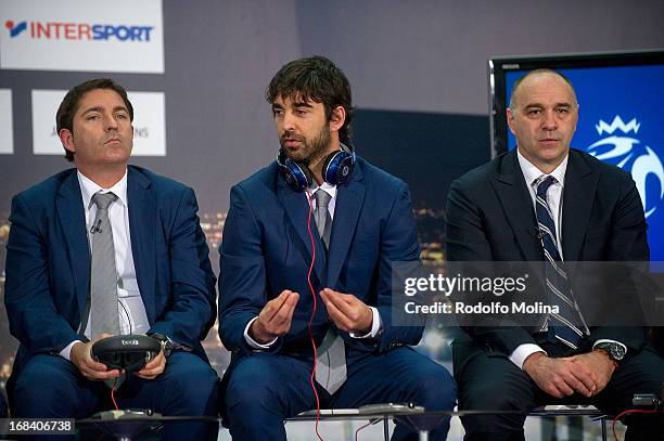 Juan Carlos Navarro, #11 of FC Barcelona Regal talking during the Turkish Airlines EuroLeague Final Four Presentation Press Conference at London City...