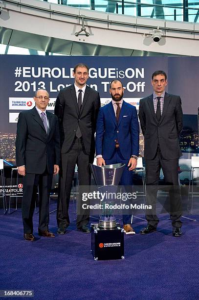 Ettore Messina, Head Coach of CSKA Moscow; Nenad Krstic, #12; Vassilis Spanoulis, #7 of Olympiacos Piraeus and Georgios Bartzokas, Head Coach poses...