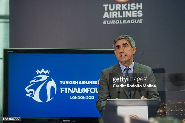 Jordi Bertomeu, CEO of Euroleague Basketball talking during the Turkish Airlines EuroLeague Final Four Presentation Press Conference at London City...