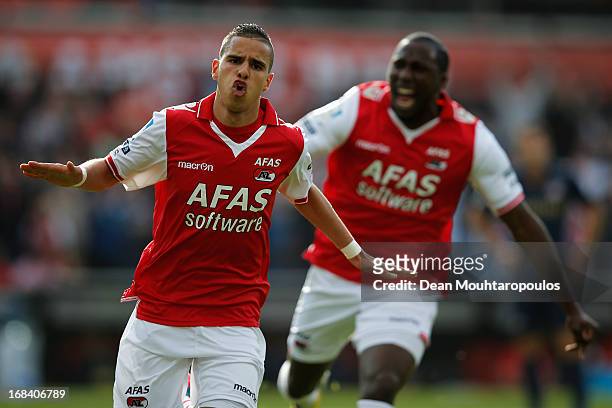 Adam Maher of AZ celebrates scoring the first goal of the game during the Dutch Cup final between PSV Eindhoven and AZ Alkmaar at De Kuip on May 9,...