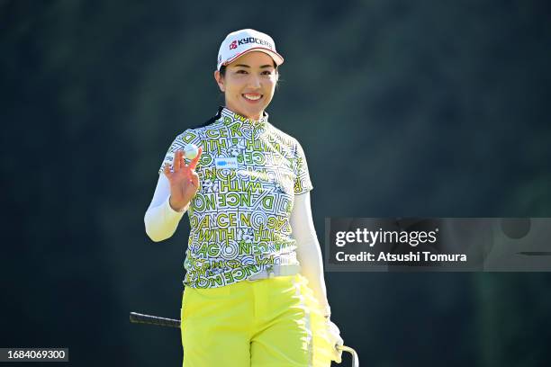 Ritsuko Ryu of Japan celebrates her chip-in-birdie on the 18th hole during the second round of 54th SUMITOMO LIFE Vitality Ladies Tokai Classic at...