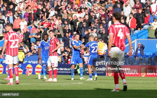 Jamie Vardy of Leicester City celebrates with Kiernan Dewsbury-Hall of Leicester City after scoring from the penalty spot to make it 1-0 during the...